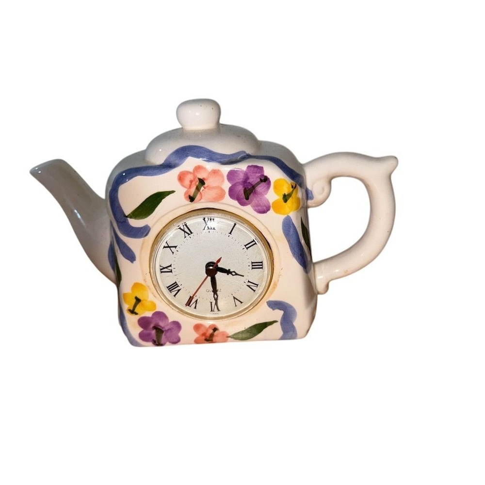 Vintage J.S.NY Teapot Clock‎ Floral Design Analog Desk Clock Multicolor